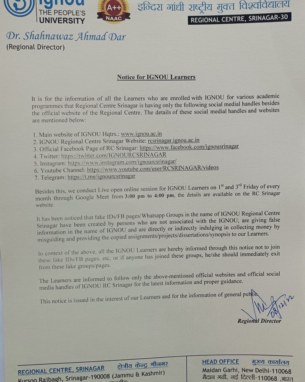 IGNOU RC Srinagar News Events Latest Important Notice For IGNOU 